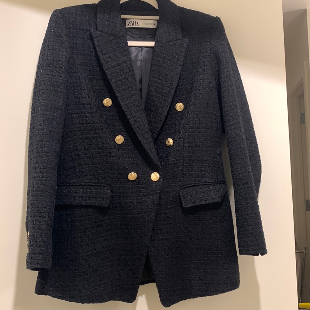Zara double breasted tweed blazer with gold buttons - Size M